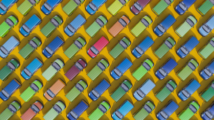 Top View of Lined Up Mini Vans in Different Colors and Hues on Yellow Background 3D Rendering