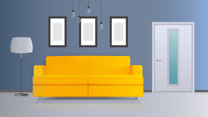 Vector illustration of an interior. Yellow sofa, white door, floor lamp with white lampshade, white ceiling lamp. Realistic vector interior.