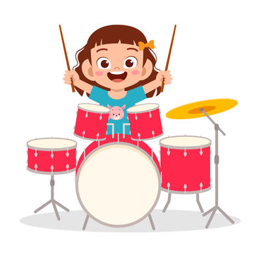 Happy Cute Little Kid Boy Playing Drum