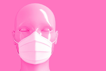 Medical concept, the concept of prohibition of freedom of speech. Women's shiny fashionable head in a medical mask colored on a pink background. 3D stock illustration.