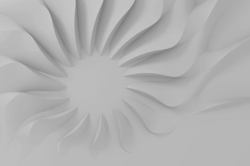 Modern abstract parametric three-dimensional background of a set of wavy white three-dimensional petals converging in a cent. 3D illustration