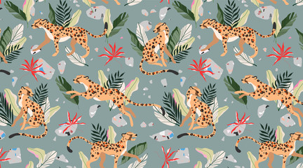 Leopard pattern seamless. Wild animals on a green background. Modern fashionable pattern. Leopard pattern design for web, card, textile, wallpapers and wrapping paper. © Lena Lapina