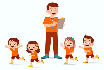 happy cute little kid boy and girl with teacher