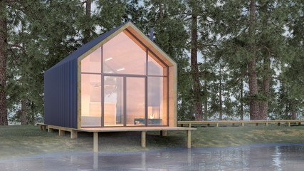 Secluded tiny house on the sandy shore of a lake with fog in a coniferous forest in cold cloudy lighting with warm light from the Windows. Stock 3D illustration