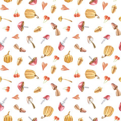 Watercolor hand painted seamless pattern. Cute mouse, pumpkin, mushroom, owl, bird on white background. Perfect for scrapbooking, textile design, fabric, wallpaper, kids bed clothing, wrapping paper.