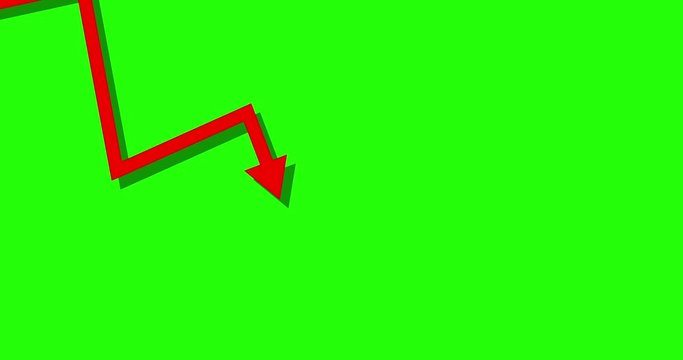 Red downward arrow as a symbol of failure  on green screen or chroma key background. Negative trend, symbolizes crisis, recession, loss. Bankruptcy concept. 4k animation