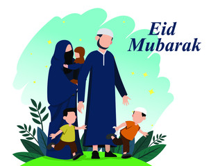 Moslem Family Celebrate Eid Mubarak Islamic Illustration Vector Design