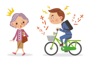 自転車のベルを鳴らしながら運転するビジネスマンと迷惑するシニア