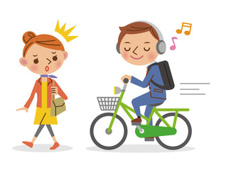 ヘッドフォンで音楽を聴きながら自転車を運転するビジネスマンと迷惑する女性