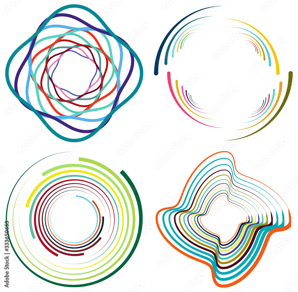 Poster set of mottled, multi color and colorful spiral, swirl, twirl shapes. vortex, whorl shape with rotat
