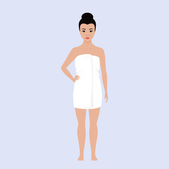 European woman wrapped in a white towel after a shower stands barefoot. Vector stock flat illustration