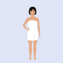 Asian woman wrapped in a white towel after a shower stands barefoot. Vector stock flat illustration