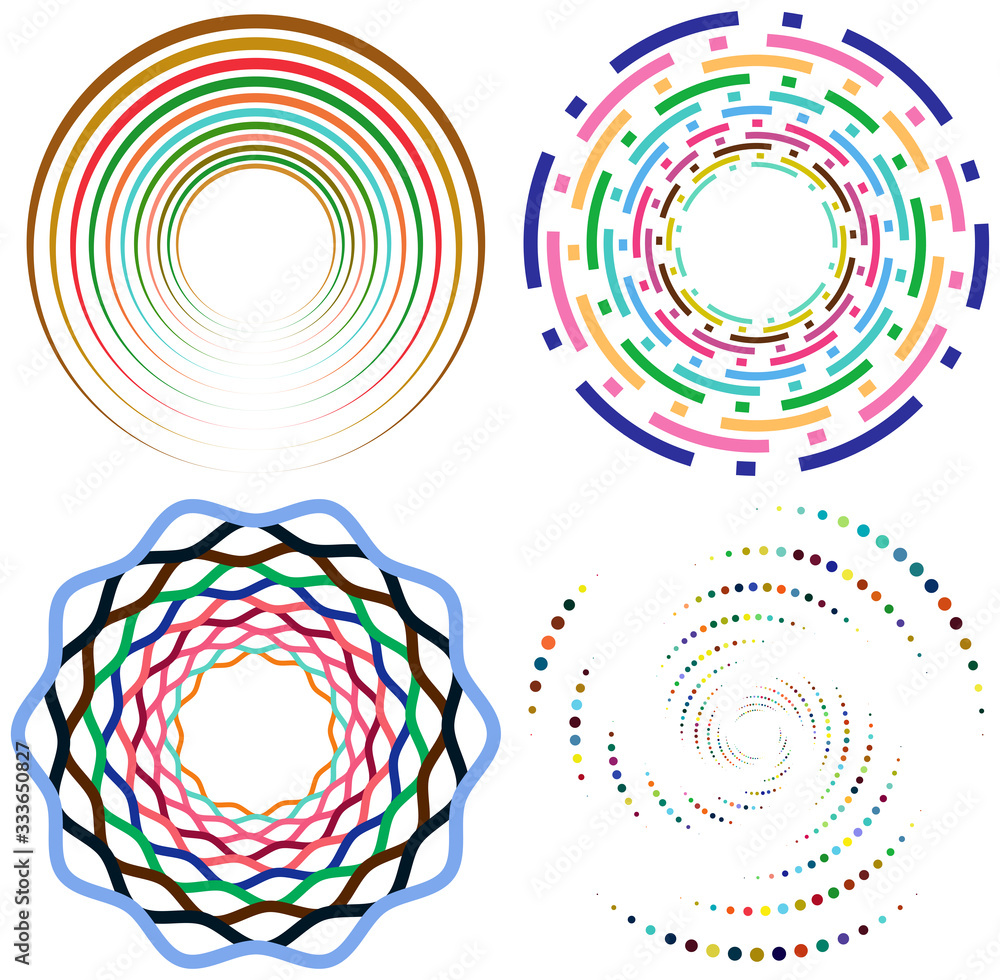 Poster set of mottled, multi color and colorful spiral, swirl, twirl shapes. vortex, whorl shape with rotat