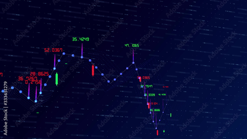 Poster financial graph and data showing a steady increase in profits, growing charts and flowing counters o