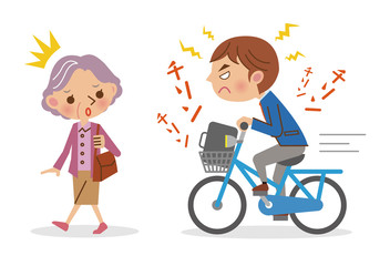 自転車のベルを鳴らす男子学生と迷惑する老女