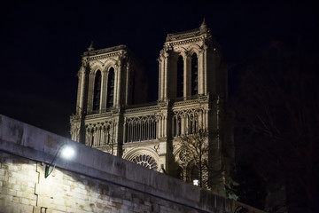 Notre Dame de Paris cathedral at night .