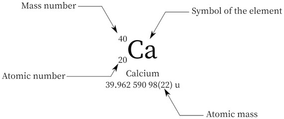 Atomic number, mass number, atomic mass representation of calcium (Ca) element