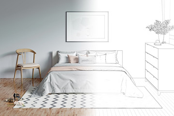 The sketch becomes a real modern light gray romantic bedroom with a window, flowers, a horizontal poster under the bed with plaid and pillows. Front view. 3d render