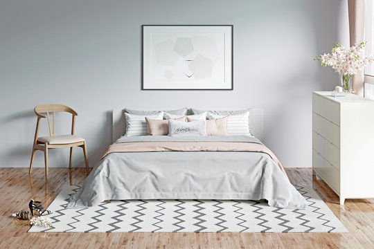 Modern light gray romantic bedroom with a window, flowers, a horizontal poster under the bed with plaid and pillows. Front view. 3d render