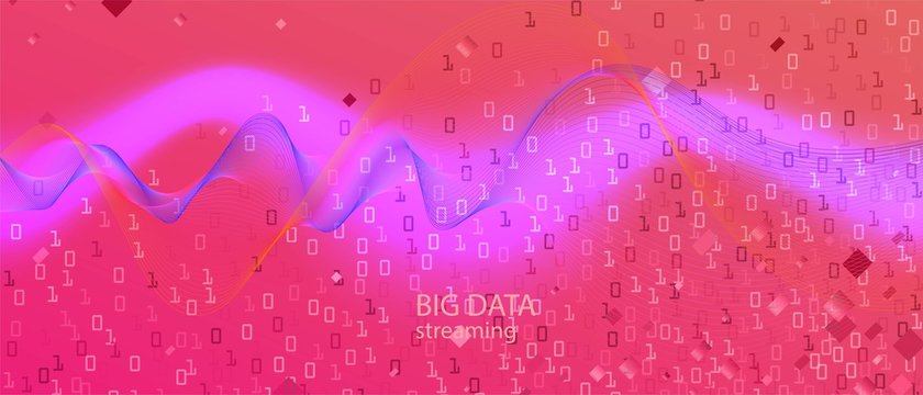Equalizer Music Vector Landing Page. Blue Purple Pink Background. Technology Colorful Modern Layout. Matrix Falling Binary Code. 