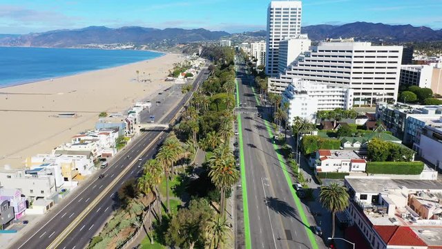 Aerial view of empty Santa Monica city streets with no people and closed businesses in Los Angeles California as result of  coronavirus pandemic or COVID-19 virus outbreak and lockdown