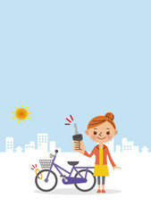自転車に鍵をかける女性（背景あり）
