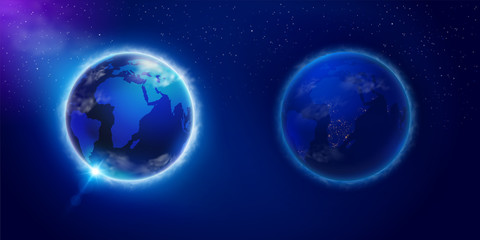 Day and night on planet Earth viewed from space. Used in science, advertising, teaching media. Realistic file.
