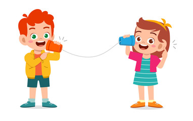 happy cute little kid boy and girl play toy phone
