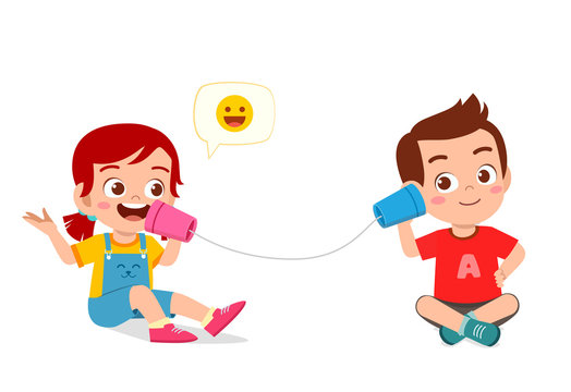 Happy Cute Little Kid Boy And Girl Play Toy Phone