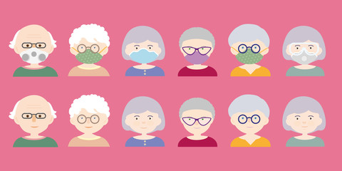 Set of cartoon heads or avatars of people - seniors, men and women. They wear a protective mask and a respirator with glasses - vector