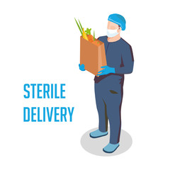 sterile food delivery during quarantine COVID-19 ; online ordering; man in gloves and medical mask isolated
