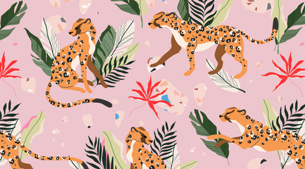 Leopard pattern seamless. Wild animals on a pink background. Modern fashionable pattern. Tropical botanical elements. Modern design for web, card, textile, wallpapers and wrapping paper. © Lena Lapina