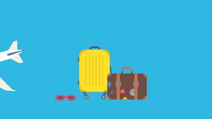 Travel stuff, planning a summer vacation, tourism, air balloon,  baggage, camera, slates, airplane. Cute animation for travel bloggers.