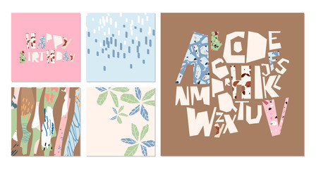 Artistic card set. Hand drawn banner, vector templates. Tropical abstract drawing. Cards, posters and creative trendy alphabet. Isolated typeface letters. Shape and stroke arrangement on paper sheets.