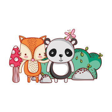 cute animals, panda and fox butterfly bush sun cartoon