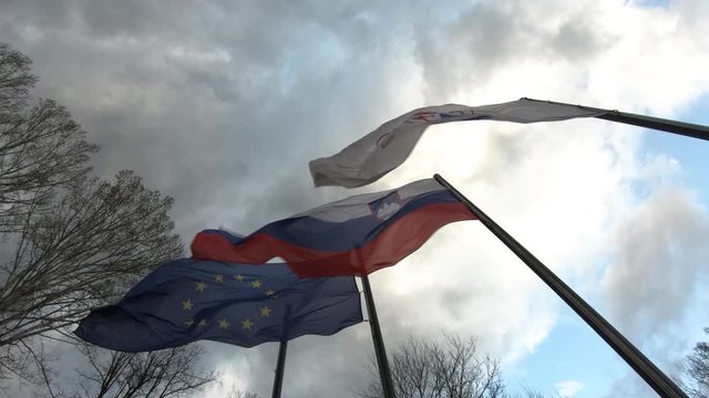 Slow motion static shot looking up European, Slovenian and State Protocol Services of Slovenia flags waving in wind