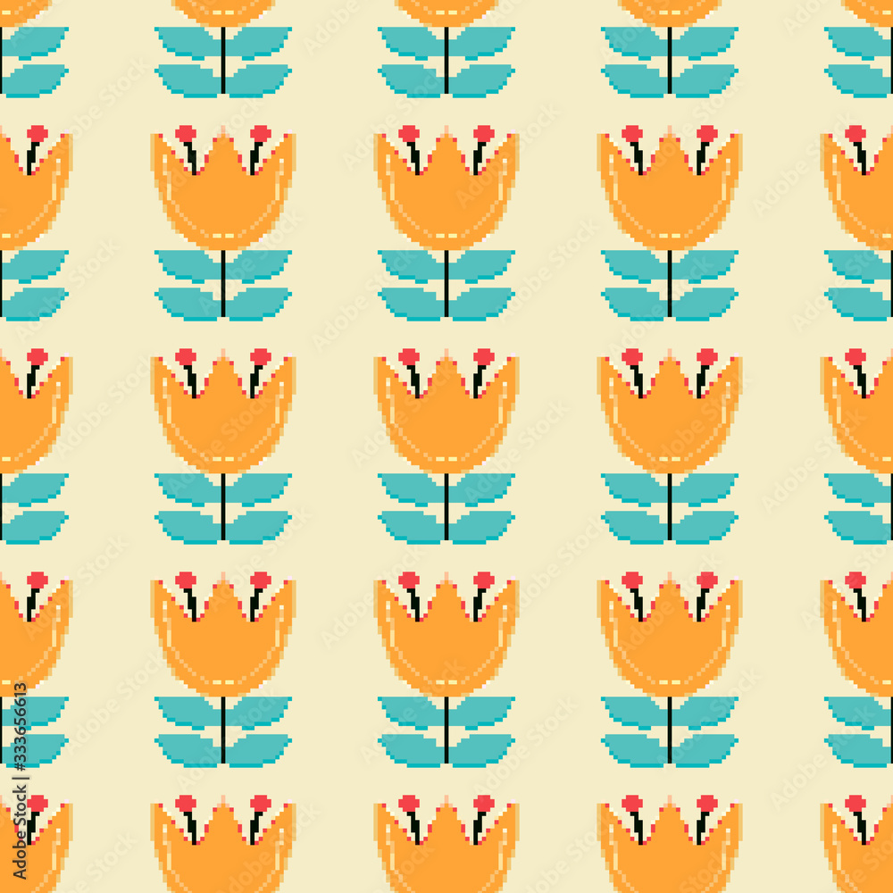 Poster vector seamless retro flower pattern background. pixel art. 8 bit. vector illustration for website, 
