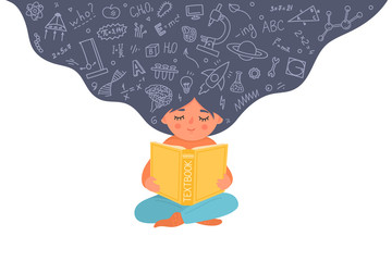 Girl reading textbook. Child with educational doodle. Kid holding book. Vector illustration.