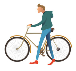 Man walking by bike, male character with bicycle