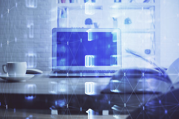 Technology theme drawing and table with computer. Multi exposure. Concept of information.