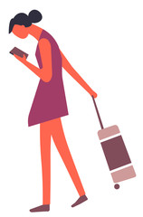 Tourist with luggage searching destination in phone navigator