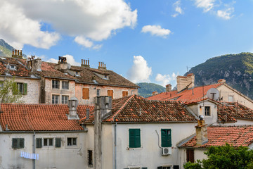 Montenegro Kotor, old city, view of old houses and mountain