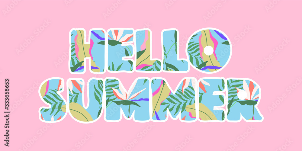 Fototapete tropical outlined hello summer text. isolated vector design sign, header for web and print use. brig