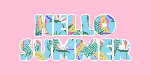 Tropical outlined HELLO SUMMER text. Isolated vector design sign, header for web and print use. Bright colorful Hawaiian letters on pink. Summertime conceptual drawing.