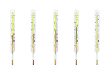 Group of Isolated medical/clinical mercury thermometers with different temperatures (from 36.6 °C to 40 °C). White background. Theme of health care, medical treatment and disease prevention.