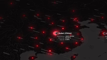 Pandemic of the coronavirus COVID 19 is spreading from wuhan in china over dark mainlands with red colored infected cities and statistics data. 3d rendering animated world map background in 4K video.