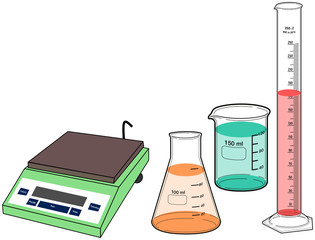 Weighing machine pan scale, conical flask, beaker, graduated measuring cylinder, Chemistry lab equipment for measurement