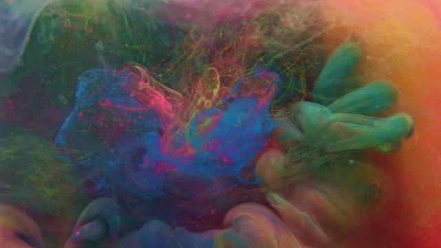 Color fluid splash. Alchemy explosion. Orange tiger galaxy blue green steam cloud mix motion.
