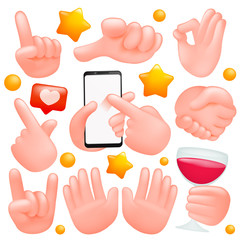 Human hands sign set. Various gestures. Hand shake, swipe, ok, stop and other symbols