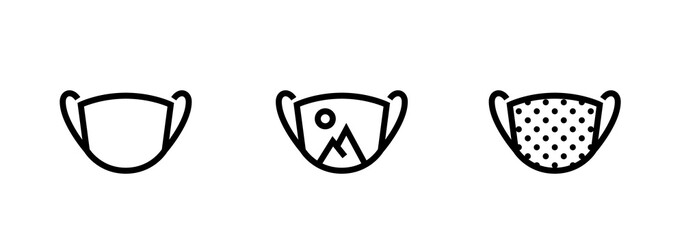 Set of protective mask, with print and fabric. Editable line vector.